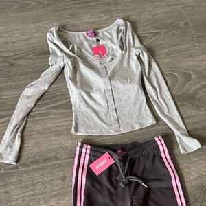 Edikted Gray twofer tank cardigan Top and gray Pants with Pink Stripes XS